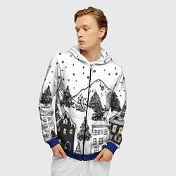Толстовка 3D на молнии мужская Заснеженный черно-белый город, цвет: 3D-синий — фото 2