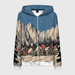 Толстовка 3D на молнии мужская Небольшой новогодний город в горах, цвет: 3D-белый