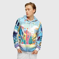 Толстовка 3D на молнии мужская Разноцветный новогодний дворик, цвет: 3D-белый — фото 2