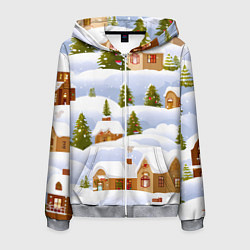 Толстовка 3D на молнии мужская Новогодние домики и елочки, цвет: 3D-меланж