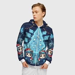 Толстовка 3D на молнии мужская Новогодние котики айтишники, цвет: 3D-белый — фото 2