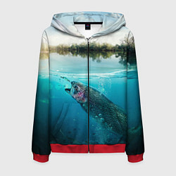 Толстовка 3D на молнии мужская Рыбалка на спиннинг, цвет: 3D-красный