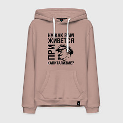 Толстовка-худи хлопковая мужская Жизнь при капитализме, цвет: пыльно-розовый