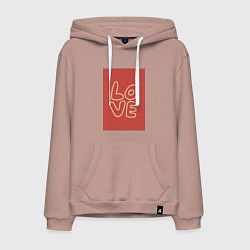 Толстовка-худи хлопковая мужская Слово Love на красном прямоугольном фоне, цвет: пыльно-розовый
