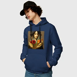 Толстовка-худи хлопковая мужская Девушка с цветами в стиле экспрессионизм, дизайн 1, цвет: тёмно-синий — фото 2