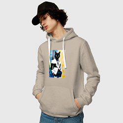 Толстовка-худи хлопковая мужская Модный чёрный кот-джентльмен - мем, цвет: миндальный — фото 2