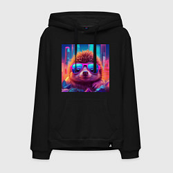 Мужская толстовка-худи Ежик в очках на фоне неонового города