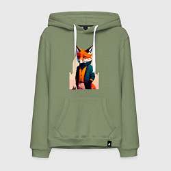 Толстовка-худи хлопковая мужская Лис-модник - нейросеть, цвет: авокадо