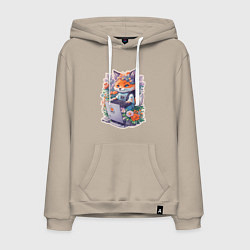Толстовка-худи хлопковая мужская Лиса геймер за компьютером, цвет: миндальный