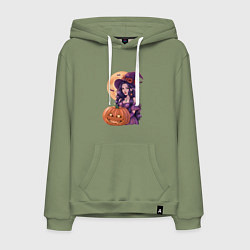 Толстовка-худи хлопковая мужская Хэллоуин - ведьма с тыквой, цвет: авокадо