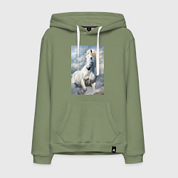 Толстовка-худи хлопковая мужская Белая лошадь на фоне неба, цвет: авокадо