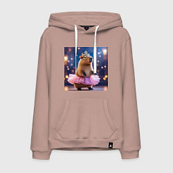 Мужская толстовка-худи Мем капибара балерина в розовой юбочке и короне