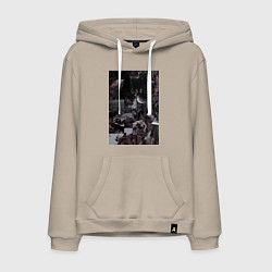 Толстовка-худи хлопковая мужская Волки коллаж, цвет: миндальный