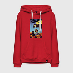 Толстовка-худи хлопковая мужская Ведьма зависла над девочкой и котом, цвет: красный