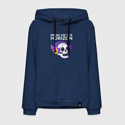 Толстовка-худи хлопковая мужская Bring Me the Horizon - неоновый череп, цвет: тёмно-синий