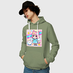 Толстовка-худи хлопковая мужская Милая кошка в сарафане, цвет: авокадо — фото 2