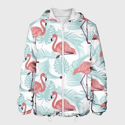 Куртка с капюшоном мужская Узор фламинго и тропических растений, цвет: 3D-белый