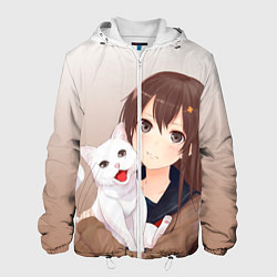 Куртка с капюшоном мужская Девочка и белый кот аниме, цвет: 3D-белый