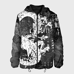 Куртка с капюшоном мужская ЧБ Японский Дракон Dragon Иероглифы, цвет: 3D-черный