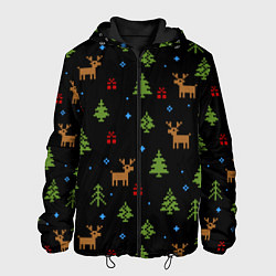 Куртка с капюшоном мужская Новогодние олени и елки, цвет: 3D-черный