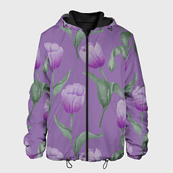 Куртка с капюшоном мужская Фиолетовые тюльпаны с зелеными листьями, цвет: 3D-черный