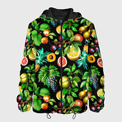 Куртка с капюшоном мужская Сочные фрукты - персик, груша, слива, ананас, цвет: 3D-черный