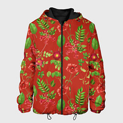 Куртка с капюшоном мужская Паттерн из листьев на красном фоне, цвет: 3D-черный