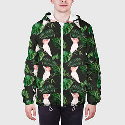 Куртка с капюшоном мужская Белые попугаи и листья, цвет: 3D-белый — фото 2
