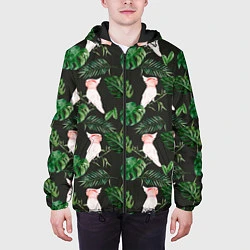 Куртка с капюшоном мужская Белые попугаи и листья, цвет: 3D-черный — фото 2