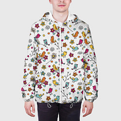 Куртка с капюшоном мужская Птицы и цветы Разноцветный узор в дудл стиле, цвет: 3D-белый — фото 2