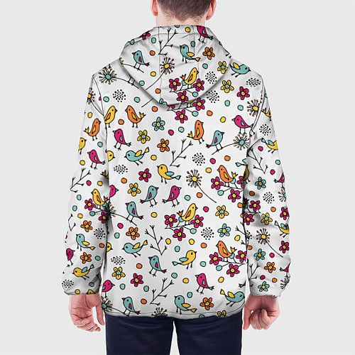 Мужская куртка Птицы и цветы Разноцветный узор в дудл стиле / 3D-Белый – фото 4
