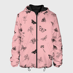 Куртка с капюшоном мужская Цветочки и бабочки на розовом фоне, цвет: 3D-черный