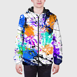 Куртка с капюшоном мужская Брызги и мазки разноцветных красок на белом фоне, цвет: 3D-черный — фото 2