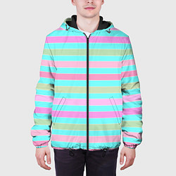 Куртка с капюшоном мужская Pink turquoise stripes horizontal Полосатый узор, цвет: 3D-черный — фото 2