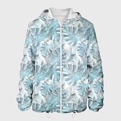 Куртка с капюшоном мужская Голубые листья пальмы на белом, цвет: 3D-белый