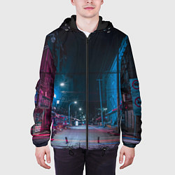 Куртка с капюшоном мужская Неоновая пустая улица города - Синий, цвет: 3D-черный — фото 2
