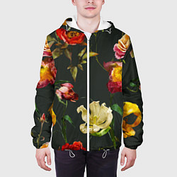 Куртка с капюшоном мужская Цветы Нарисованные Красные Розы и Лилии На Коричне, цвет: 3D-белый — фото 2