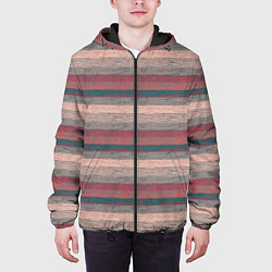 Куртка с капюшоном мужская Серые, бежевые, красные полосы с текстурой дерева, цвет: 3D-черный — фото 2