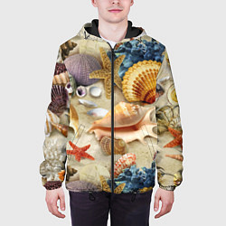 Куртка с капюшоном мужская Морские раковины, кораллы, морские звёзды на песке, цвет: 3D-черный — фото 2