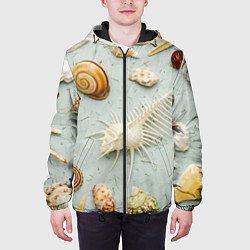 Куртка с капюшоном мужская Океанские ракушки и морские звёзды на песке, цвет: 3D-черный — фото 2