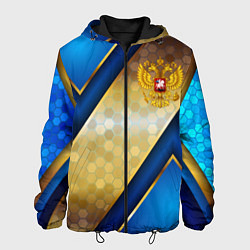 Куртка с капюшоном мужская Золотой герб России на синем объемном фоне, цвет: 3D-черный