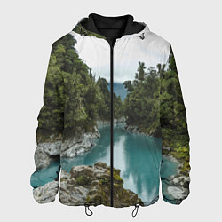 Куртка с капюшоном мужская Река, лес и скалы, цвет: 3D-черный