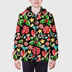 Куртка с капюшоном мужская Зимний праздничный орнамент, цвет: 3D-черный — фото 2