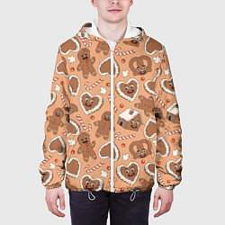 Куртка с капюшоном мужская Новогодний паттерн с печеньем, цвет: 3D-белый — фото 2