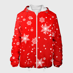 Куртка с капюшоном мужская Снежинки на красном фоне, цвет: 3D-белый