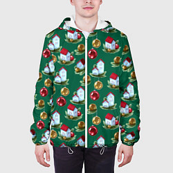 Куртка с капюшоном мужская Новогодние домики на зеленом - паттерн, цвет: 3D-белый — фото 2