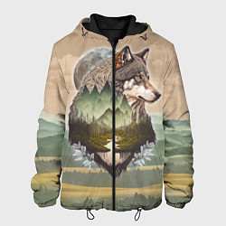 Куртка с капюшоном мужская Портрет волка в технике двойной экспозиции, цвет: 3D-черный