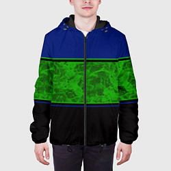 Куртка с капюшоном мужская Синие, неоновые зеленые мраморные и черные полосы, цвет: 3D-черный — фото 2