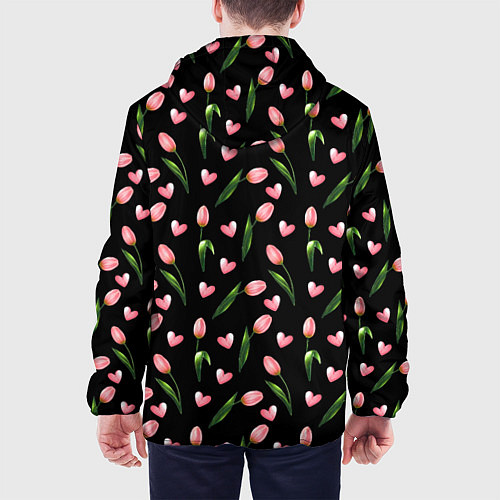 Мужская куртка Тюльпаны и сердечки на черном - паттерн / 3D-Черный – фото 4