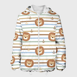 Куртка с капюшоном мужская Лев и якори: полосы - паттерн, цвет: 3D-белый